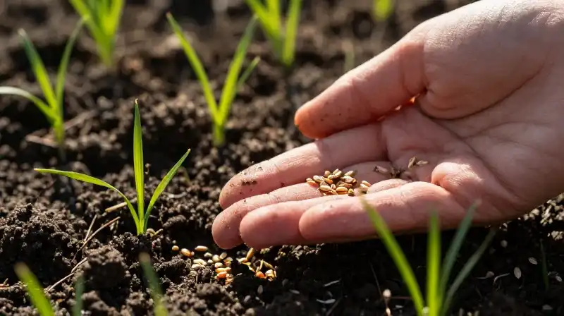 Hand scatters seeds onto dark earth in dramatic morning light
