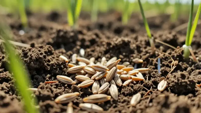 Green rye sprouts emerge from rich, dark autumn soil