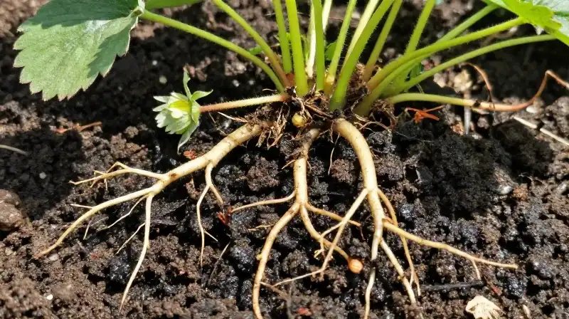 Intricate bare strawberry roots against dark, sun-drenched moist earth