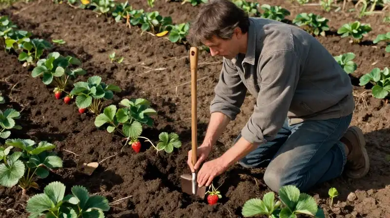 A gardener plants strawberries in dark soil bathed in sunlight