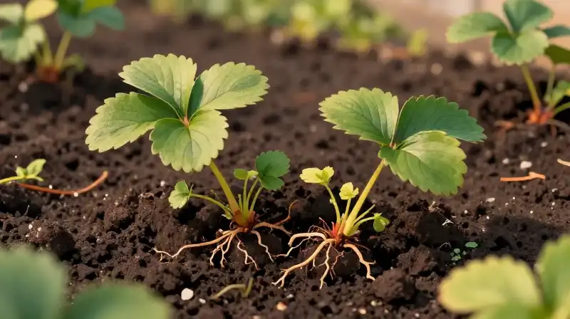 Strawberry plants in rich dark soil bathed in golden sunlight