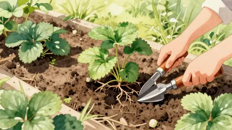 Whimsical watercolor shows hands planting bare strawberry roots in bright soil