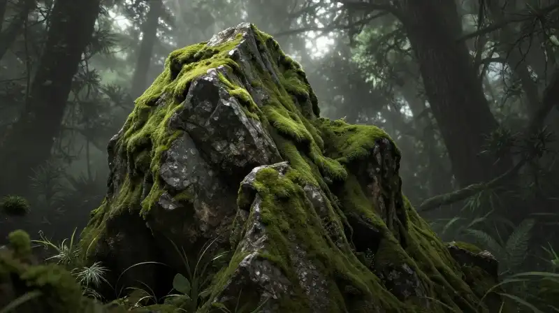 A spiky plant grows on a mossy rock in a dense, misty forest