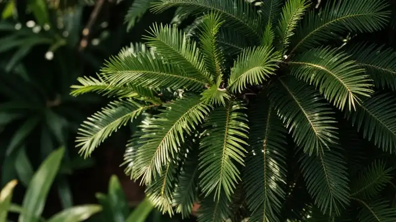 Subtle brown specks appear on the bright green needles within a dappled garden