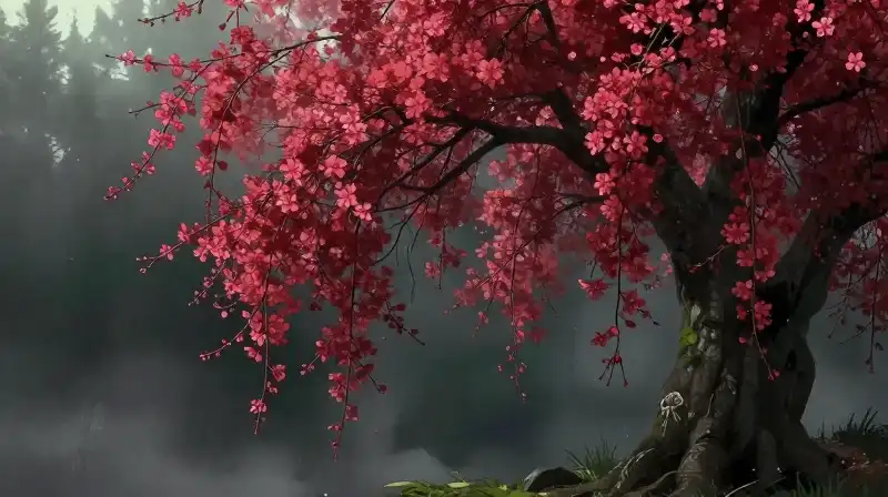 Crimson blossoms cascade within a misty, dramatically lit forest
