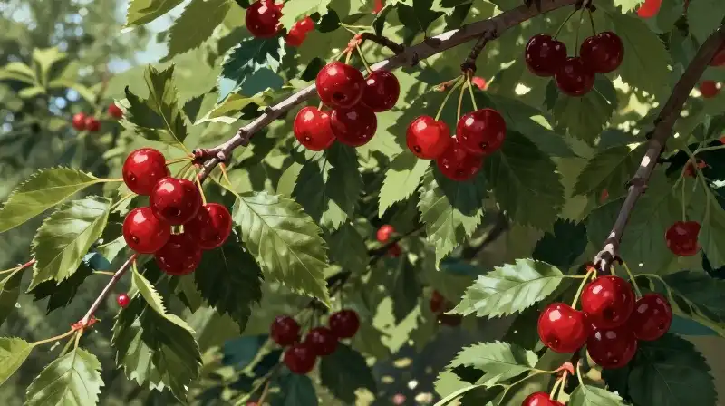 Vibrant red cherry tree stands in dappled forest sunlight