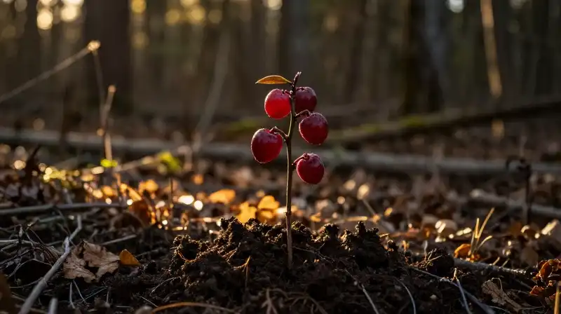A young red plum sapling stands in richly dappled forest ground