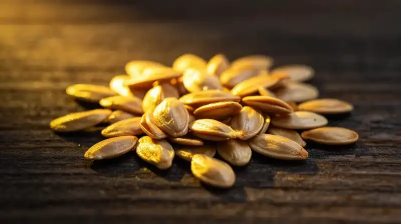 Golden roasted seeds glow intensely on dark wood