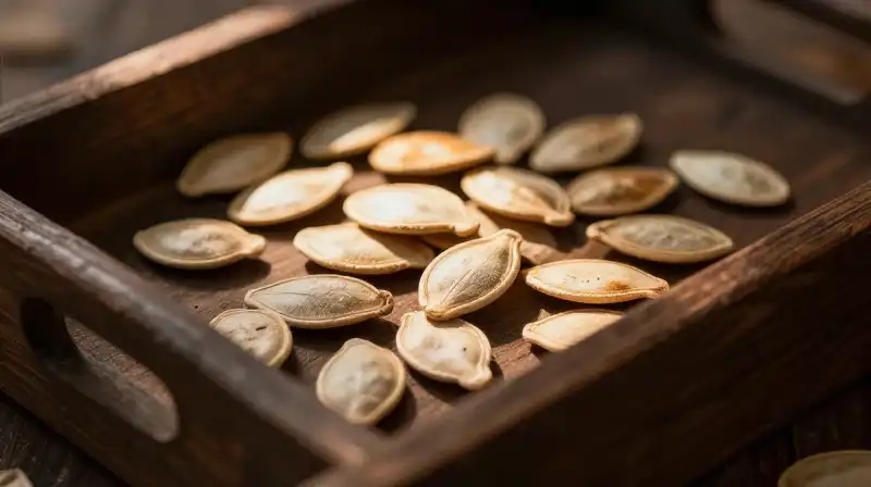 Tiny seeds on rustic wood, illuminated by warm sunlight
