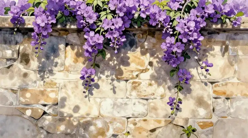 Vibrant purple blossoms climb a weathered stone wall under dappled sunlight