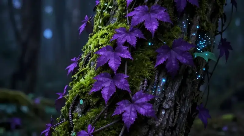 A vibrant purple vine twists over mossy bark in dim, eerie light