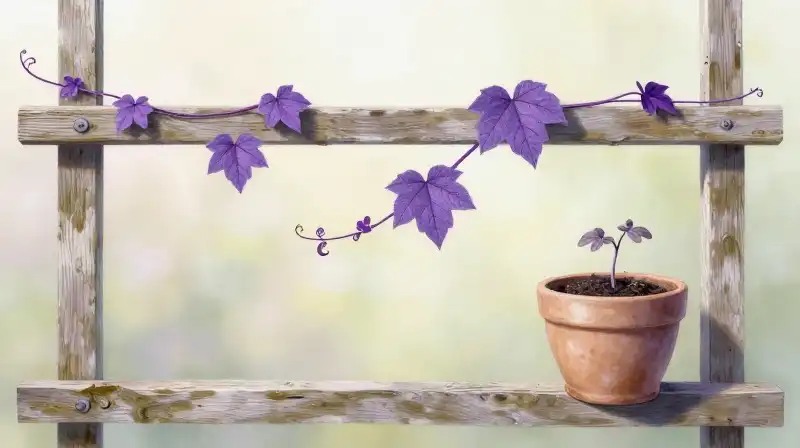 Purple vine tendrils climb a weathered wooden trellis with soft light
