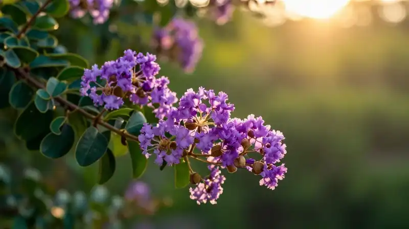 Vibrant purple crape myrtle blooms glow in a sunlit garden
