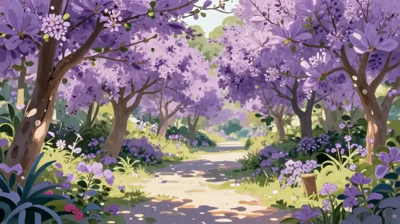 Delicate purple crape myrtles shine in a magical, dappled garden