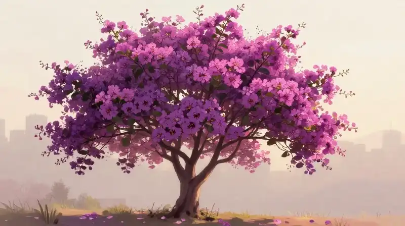 Magenta blossoms bloom vibrantly under soft, hazy golden hour light
