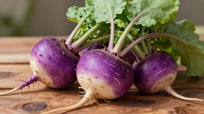 A vibrant purple turnip rests on a rustic wooden table in soft sunlight