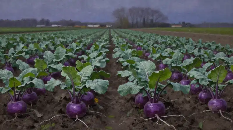 Purple turnips stand within dark, atmospheric farm rows at twilight