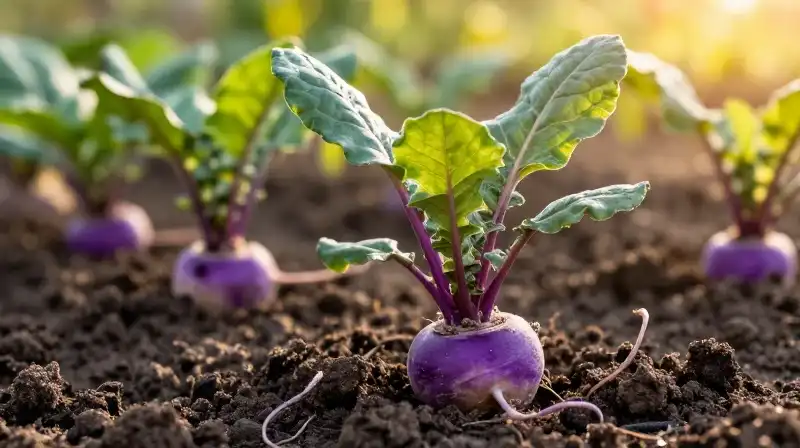 Purple turnip plants sprout from dark soil in a sunny garden