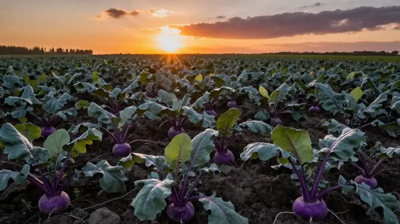 A striking purple turnip stands vividly in a glowing sunset field