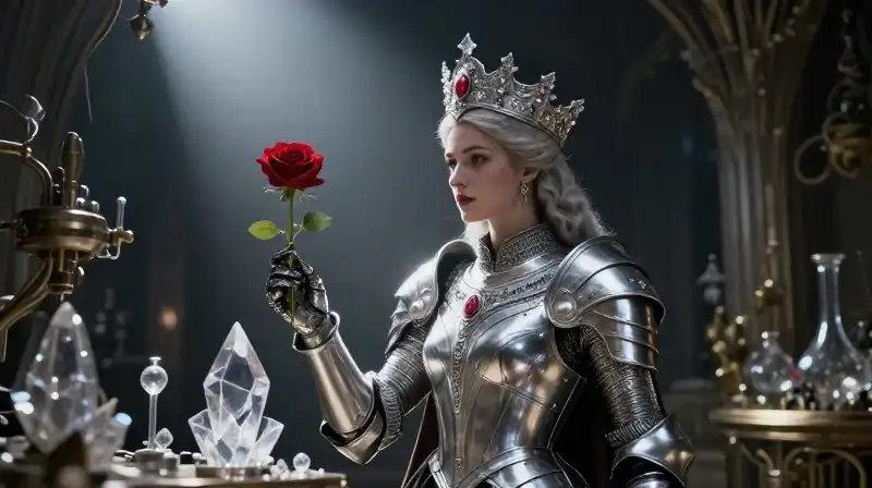 A silver-armored Queen stands in a dramatic Neo-Nordic laboratory