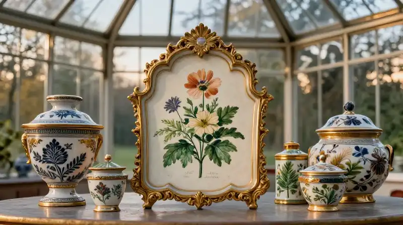 A golden rose is intensely detailed within an ornate, opulent glass conservatory