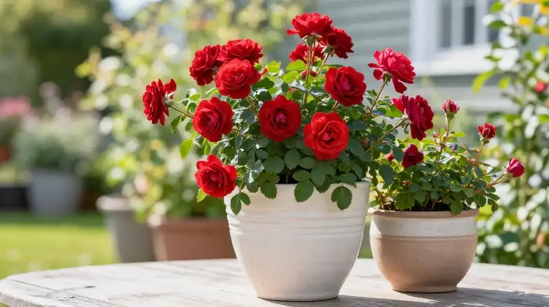 A regal Red Queen surrounded by elegant roses in a bright Nordic garden