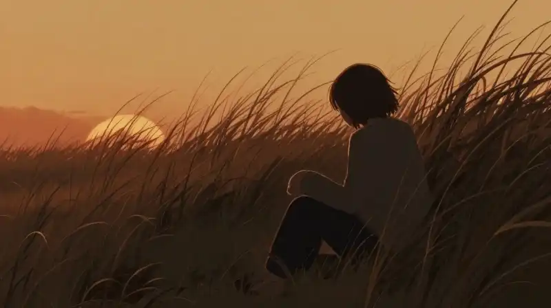 A quiet figure sits surrounded by tall grass in a golden sunset