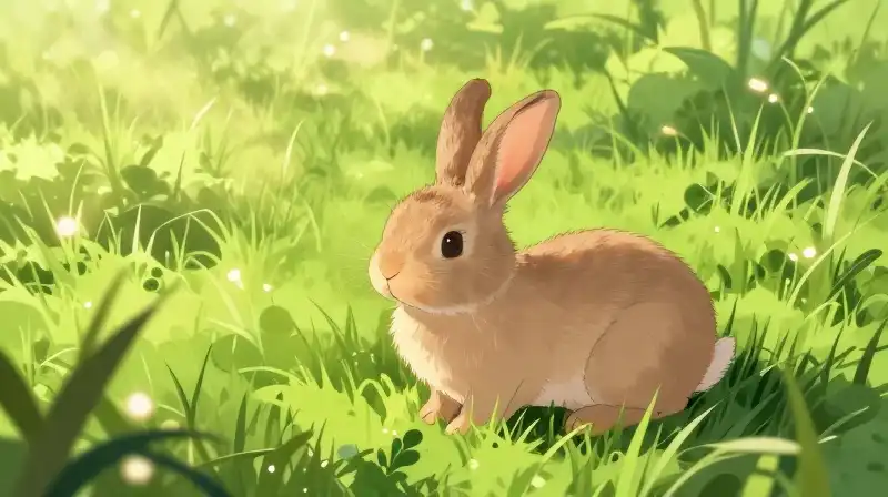 A young rabbit rests in lush, sunlit grass within an overgrown meadow