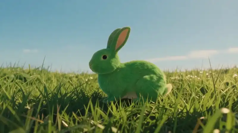 A lush meadow overflows with bright green grass under a clear, golden sky