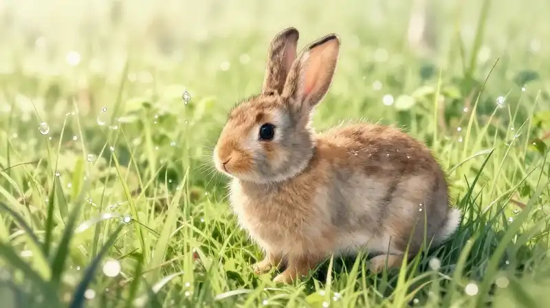 A young rabbit among a field of grass, glistening with dew in soft dawn light