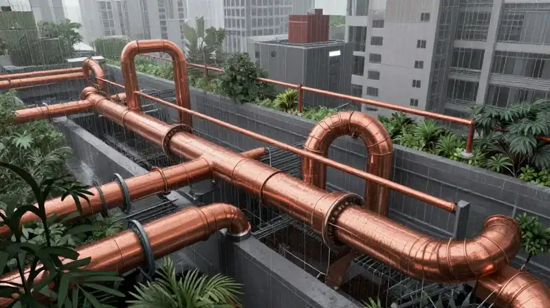 Intricate copper conduits dominate a lush, cinematic urban rooftop scene