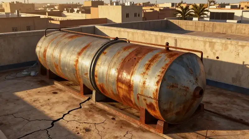 A rusted cistern catches the intense glow of the golden hour