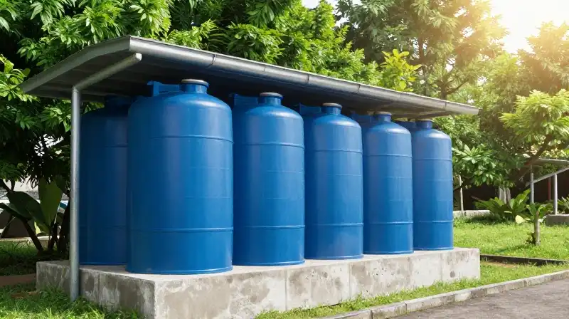 Blue cistern collects water in a vibrant, sunny, lush garden