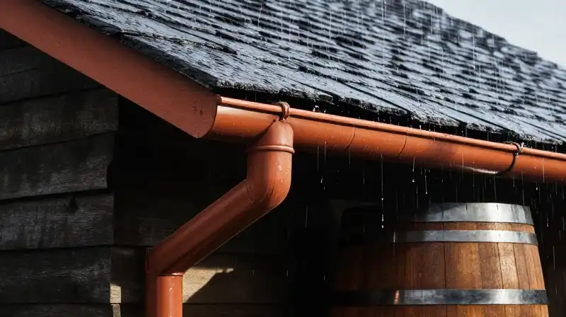 Rustic barrel and terracotta gutters sit under a heavy, dramatic rain