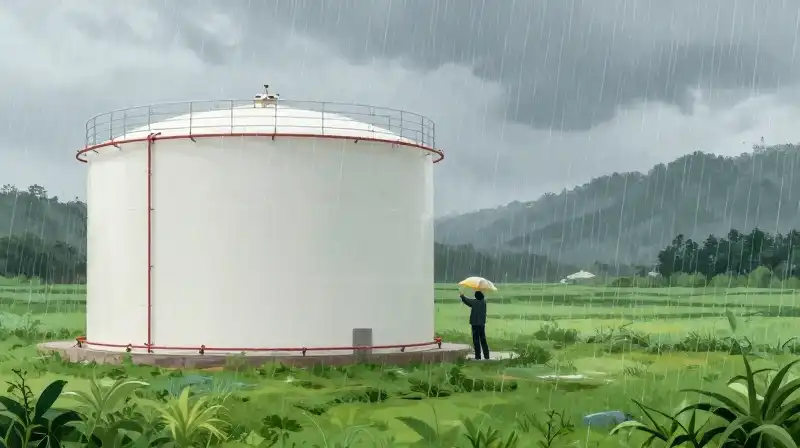 A person inspect a huge tank under torrential rain in a green field