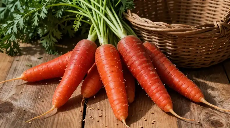 A rustic basket overflowing with vibrant red carrots rests on a sunlit wooden surface