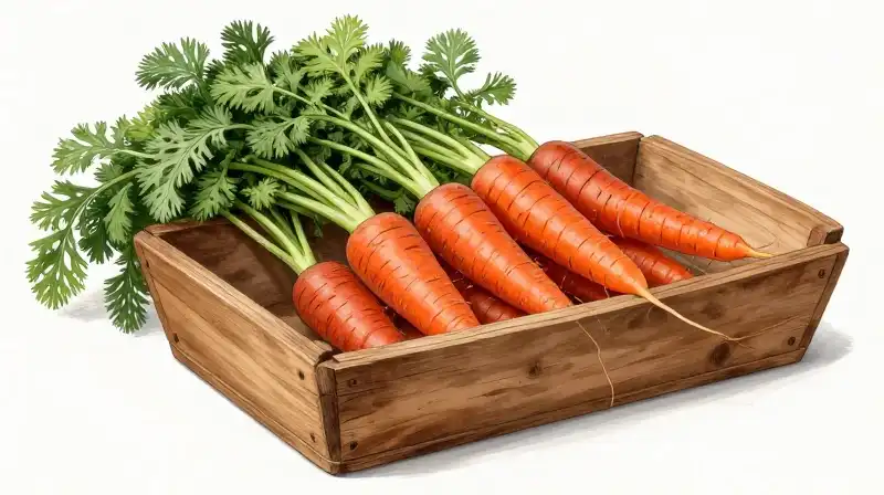 Soft sunlight illuminates bright red carrots in a rustic wooden trough