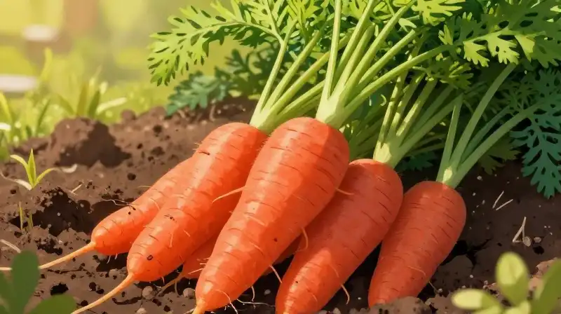 Vibrant red carrots glow amidst fertile soil and lush green foliage