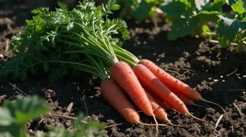 Vibrant red carrots gleam under dappled sunlight in a rustic garden patch
