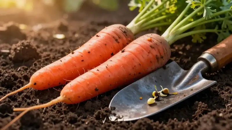 Vibrant red carrots sprout from dark soil beside a metallic vintage tool