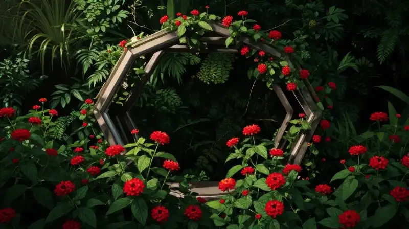 Vibrant red flowers contrast sharp geometry amidst lush emerald shadows