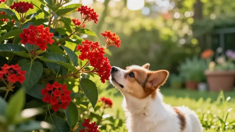 A red lantana plant grows in a sunlit garden with a sniffing curious dog