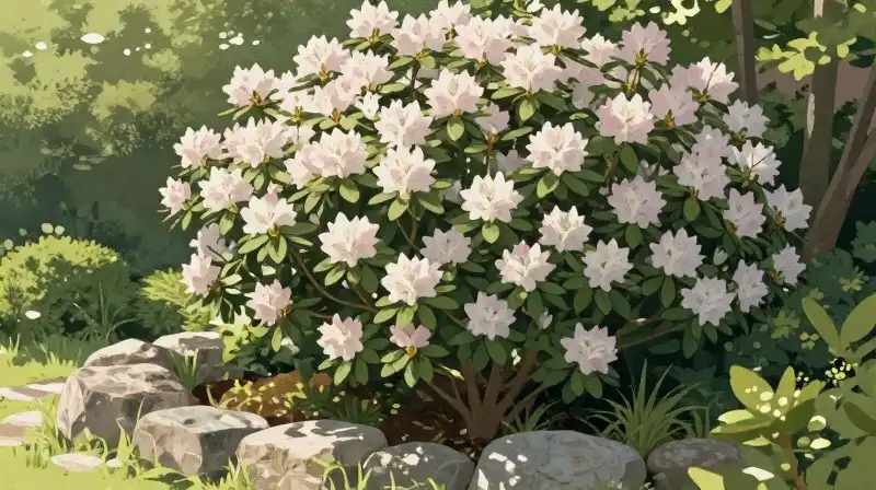Lush rhododendrons bloom in a sunny, manicured stone garden
