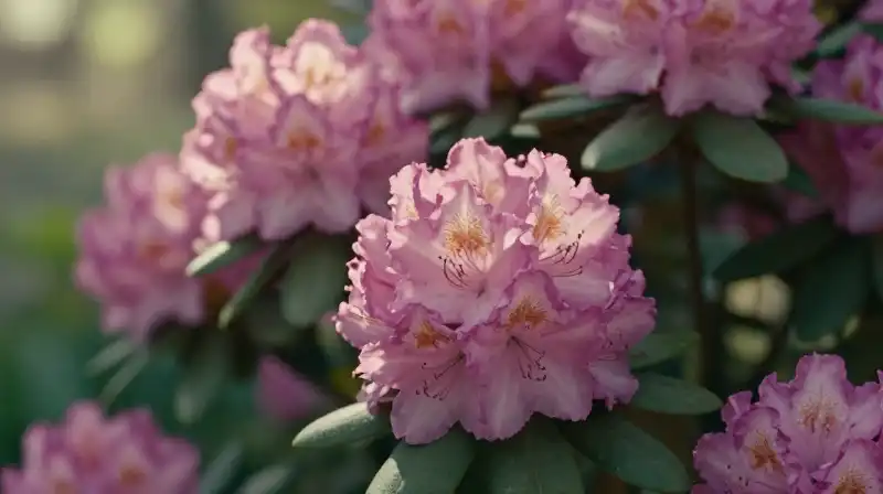Vibrant pink rhododendrons glow in soft morning garden sunlight