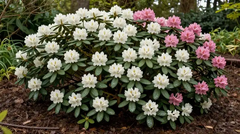 Detailed rhododendrons grow amidst lush undergrowth and damp, richly colored earth