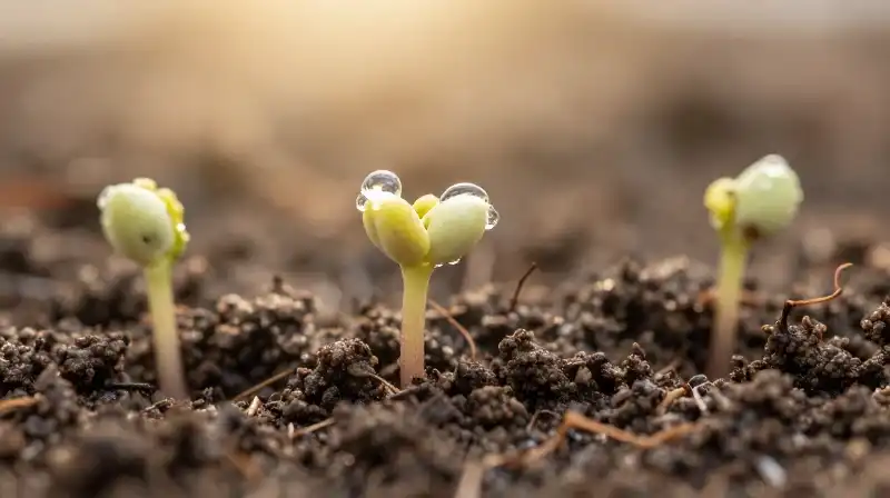 Tiny sprouts grow from moist, dark soil under soft golden light