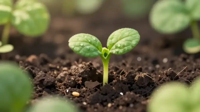 Tiny green sprouts push through rich, sunlit soil