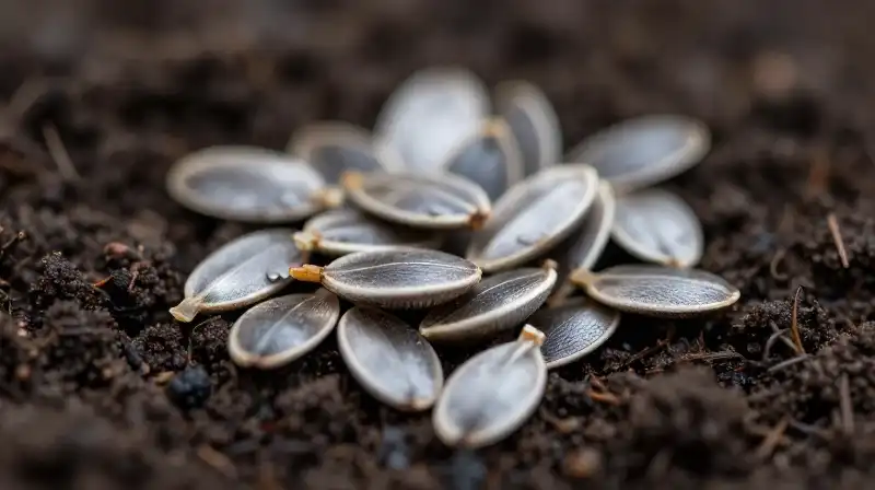 Tiny silver seeds gleam dramatically on moist, dark earth