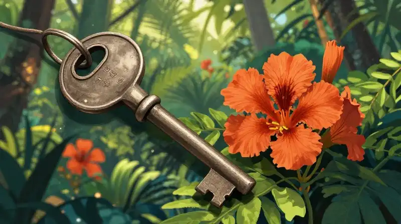 Vintage keys sit nestled among vibrant, dappled jungle flora