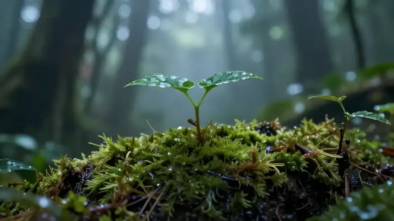 Ethereal light illuminates dormant Diplomatia on wet moss